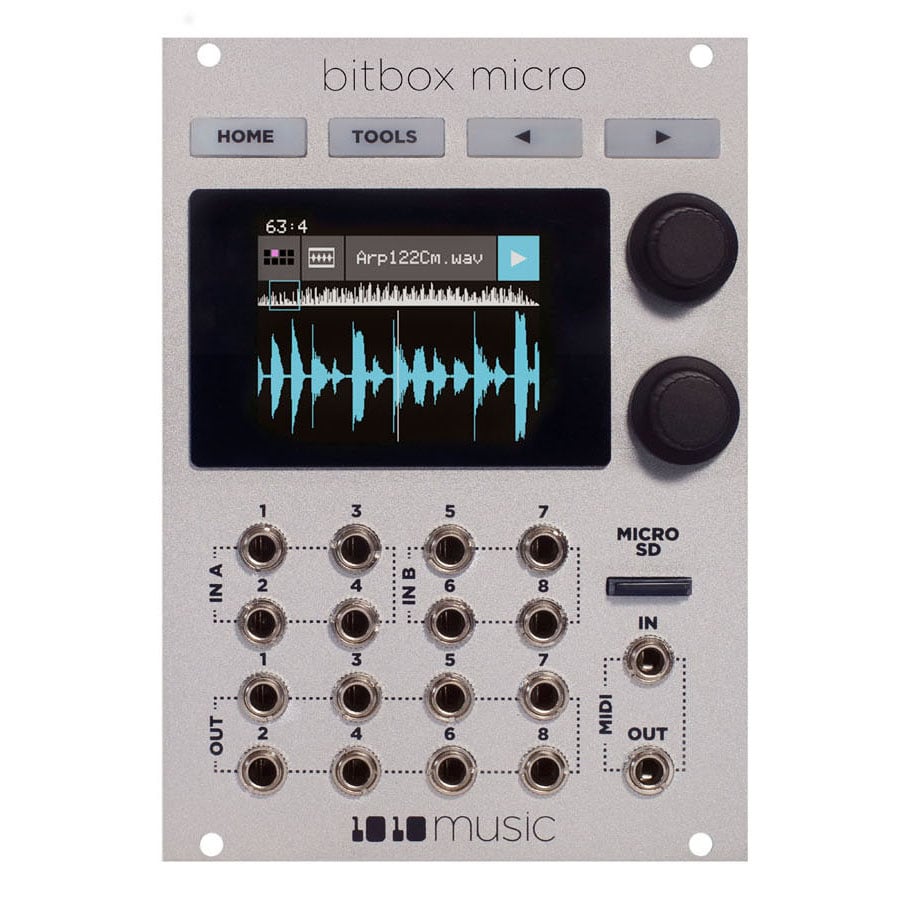 Front panel of the 1010music Bitbox Micro in silver, with a waveform on its touchscreen