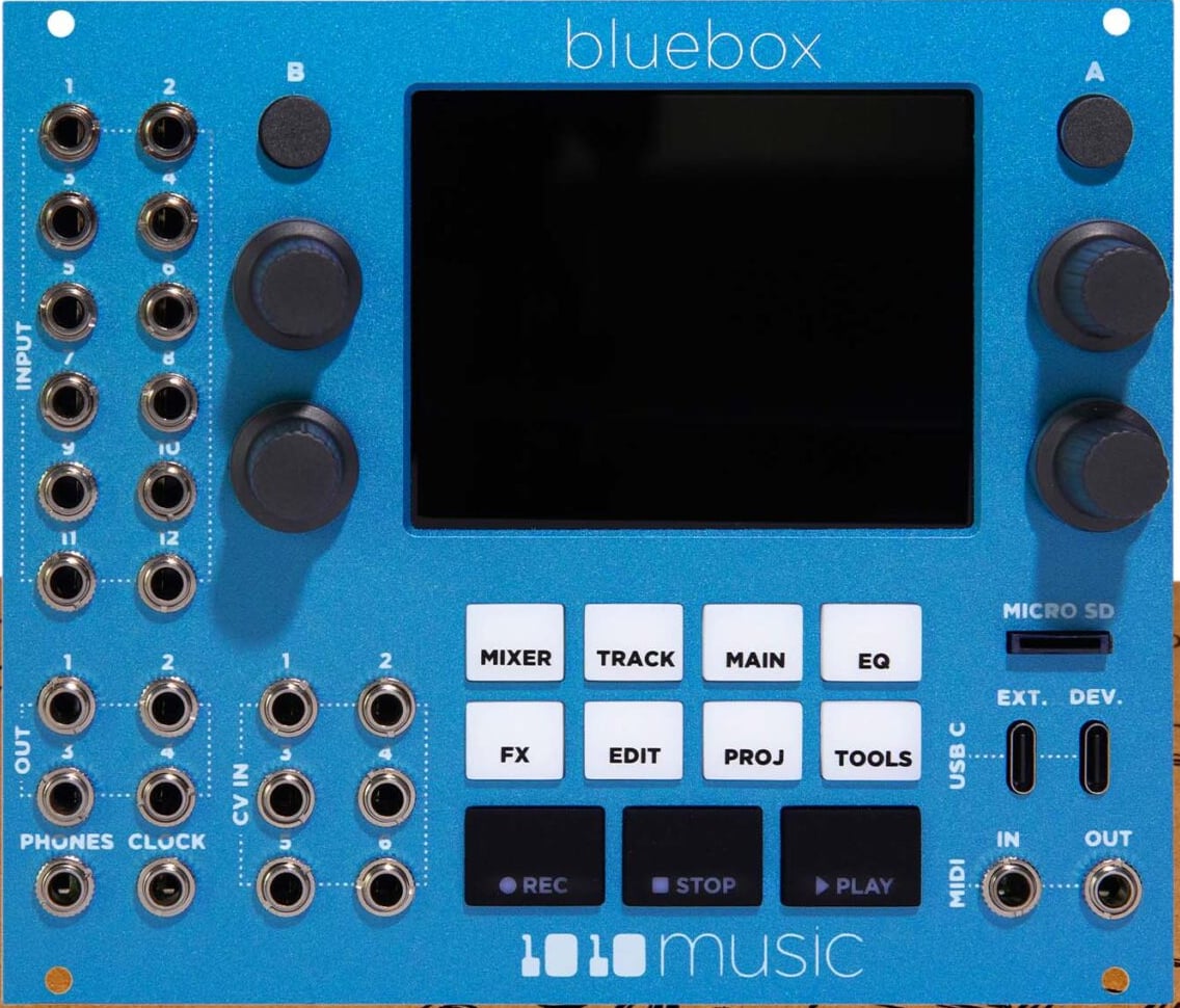 Front panel of the 1010music bluebox Eurorack edition, cropped from a product photo of the module and its box
