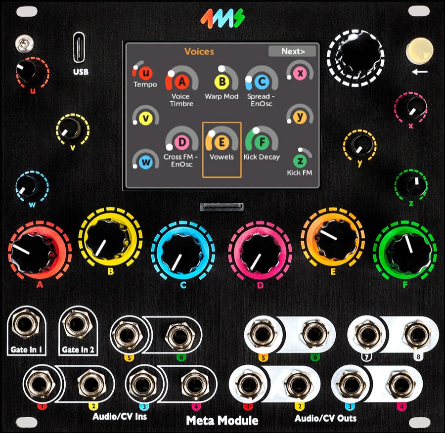 Front panel of the 4ms Meta Module Eurorack module with its colour display showing a voice page
