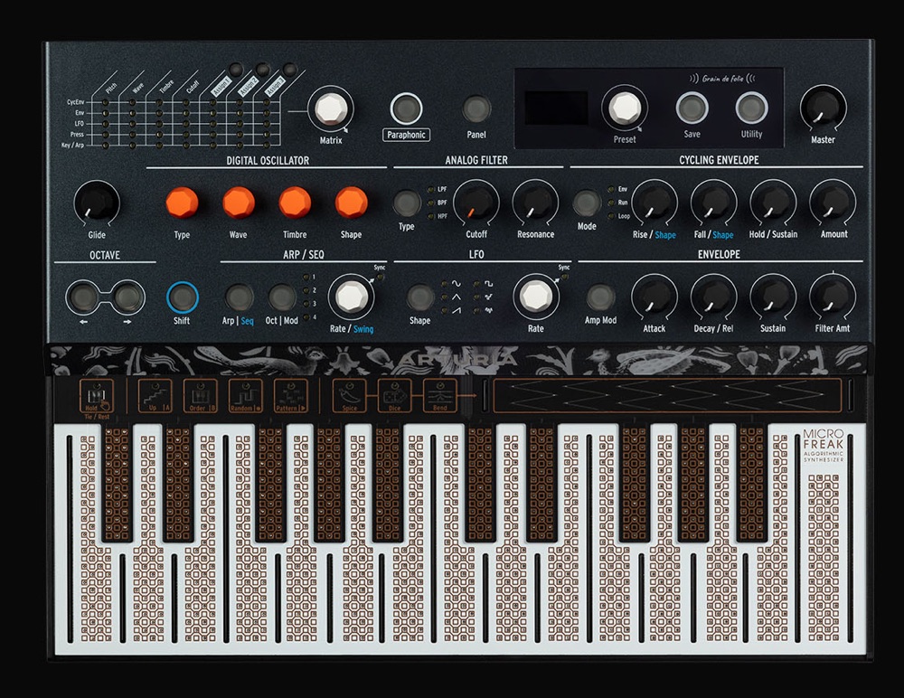 Top-down view of the Arturia MicroFreak hybrid synthesizer with its touch keyboard (cropped from the product photo)