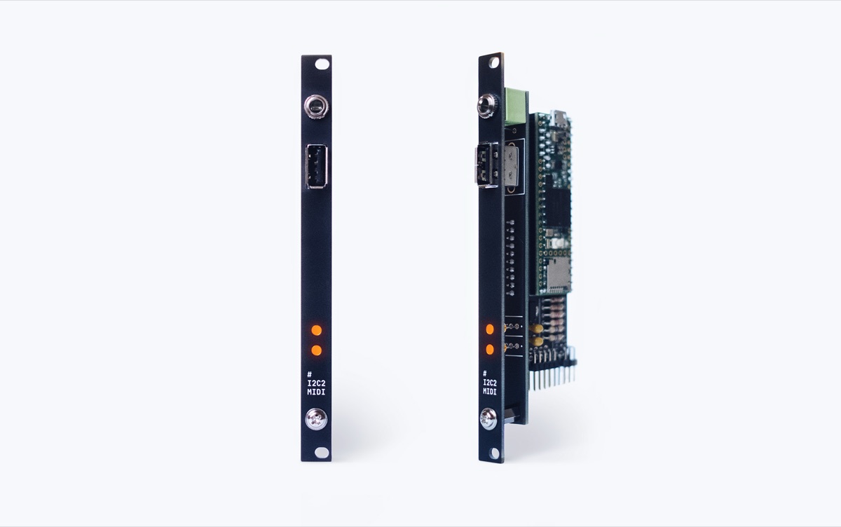 attowatt i2c2midi MK2 Eurorack module, front panel and angled view showing the Teensy board
