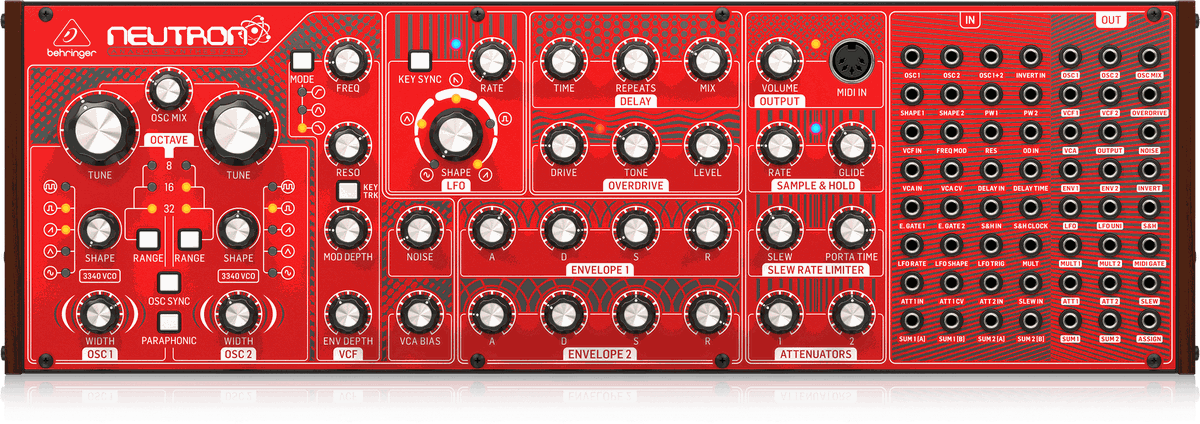 Top-down view of the Behringer Neutron semi-modular analog synthesizer