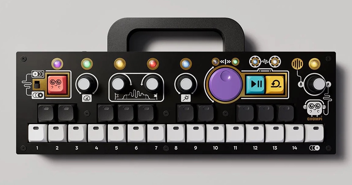 Top-down view of the Chase Bliss CHOMPI sampler with its handle, knobs and 14-key keyboard (cropped from the product photo)