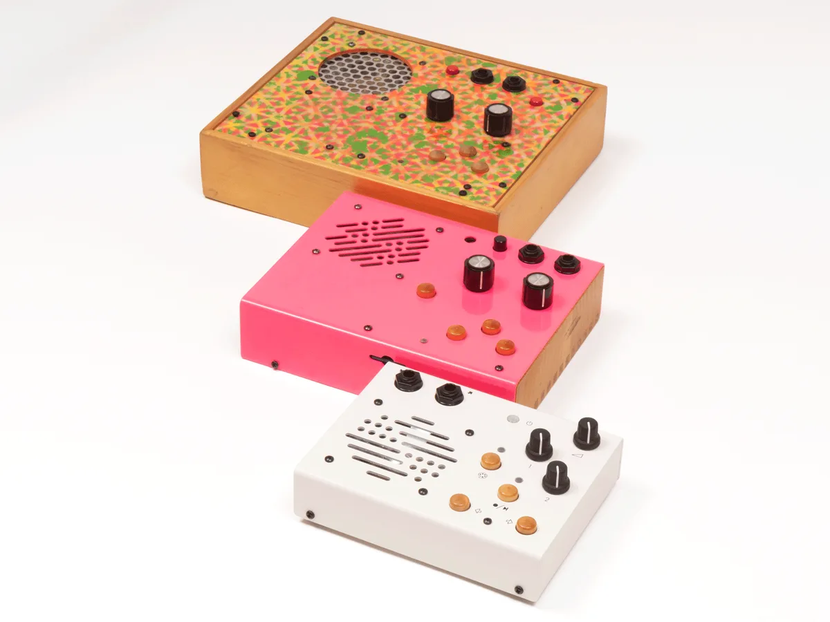 Three Kaleidoloop units in different finishes, stacked, with knobs, buttons and a speaker grille