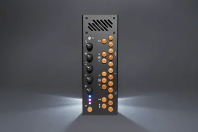 201 Pocket Piano standing upright in a black case with a column of knobs and wooden buttons and a speaker grille at the top
