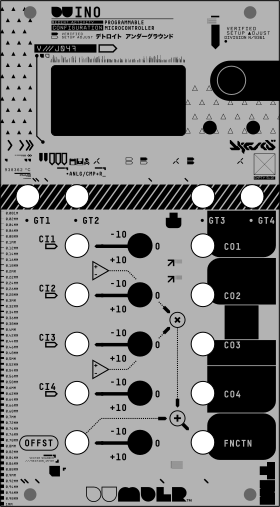 Drawing of the DU-INO front panel with the display window, gate jacks GT1 to GT4, four CV inputs with offset knobs and four CV outputs