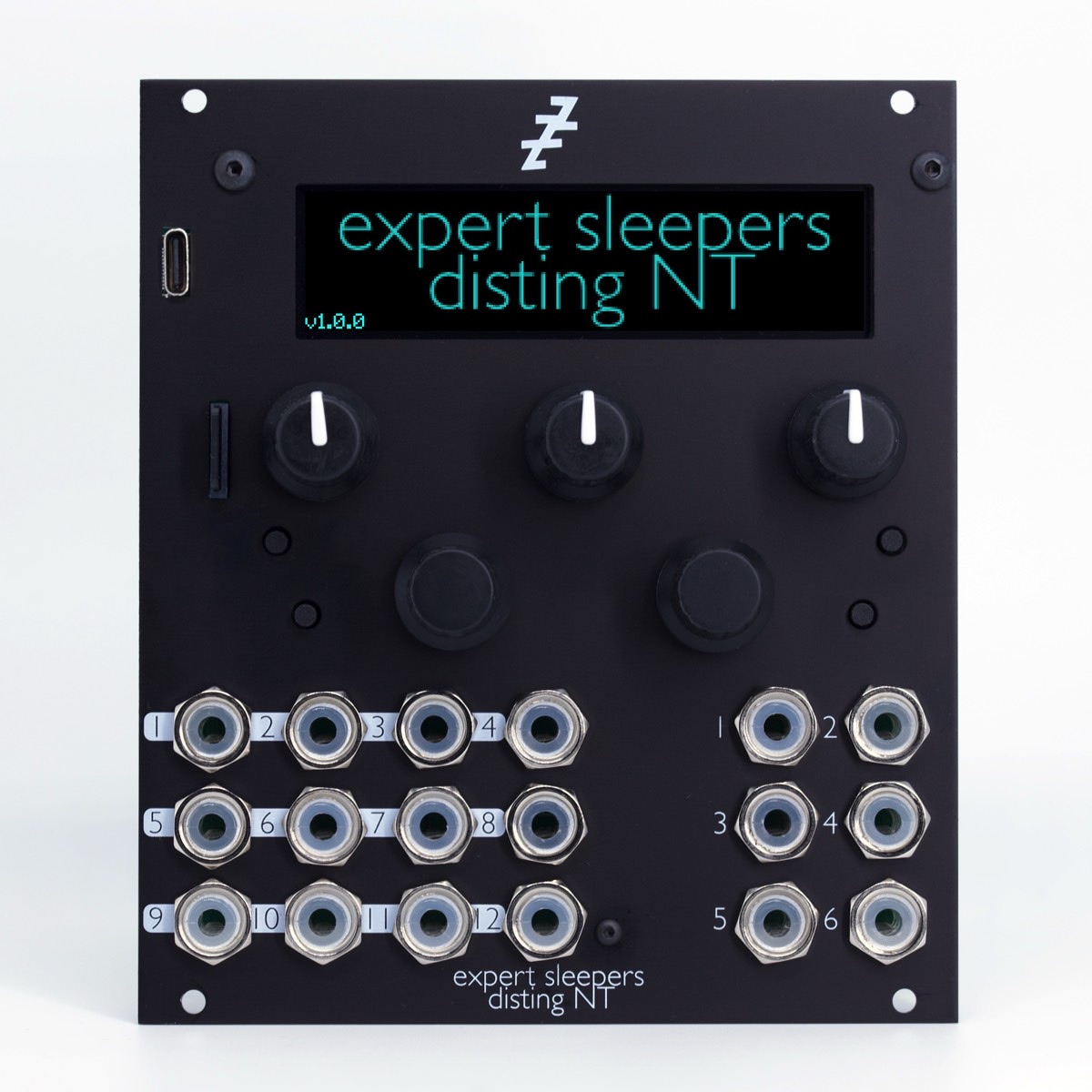 Front panel of the Expert Sleepers disting NT Eurorack module showing its start-up screen