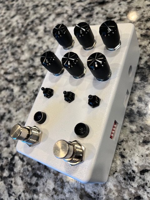 Assembled GuitarML Funbox v3 pedal with six knobs, three toggle switches and two footswitches