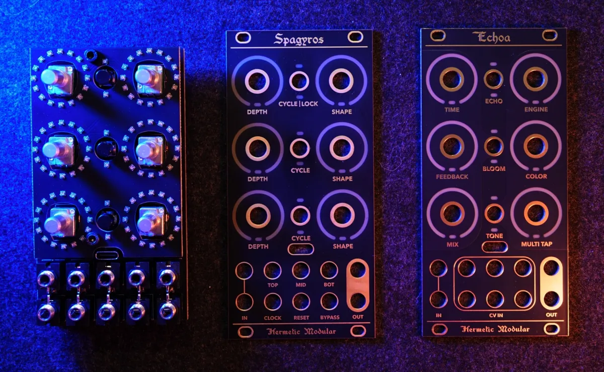 Alchemy Lab without a panel, its six pots surrounded by lit RGB LED rings, beside the Spagyros and Echoa front panels