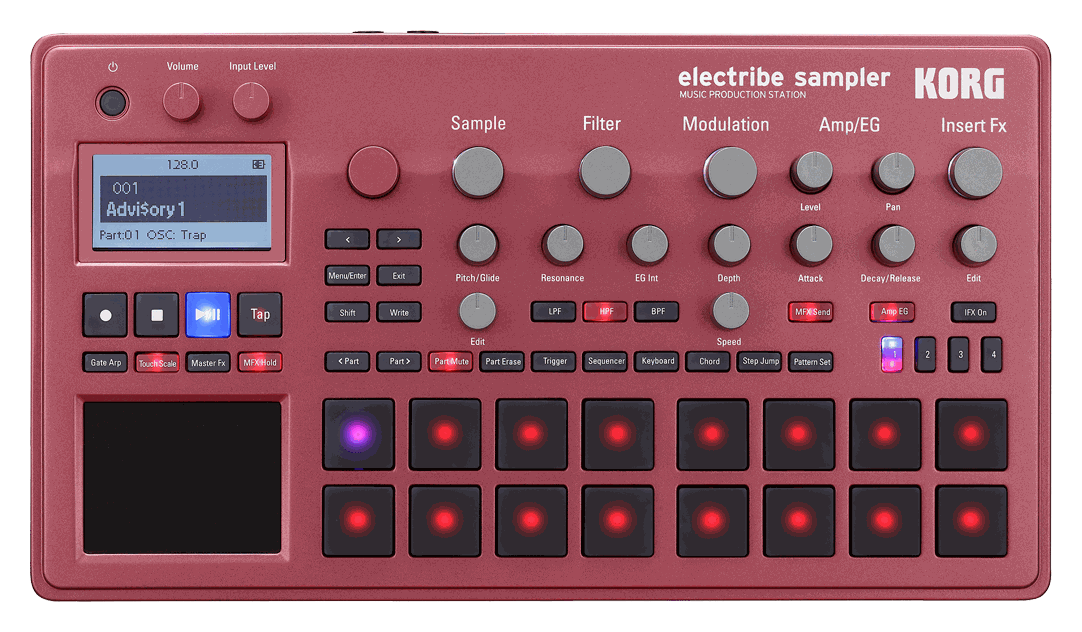 Top-down view of the red Korg electribe sampler (Electribe 2 Sampler, a member of the Electribe 2 family)