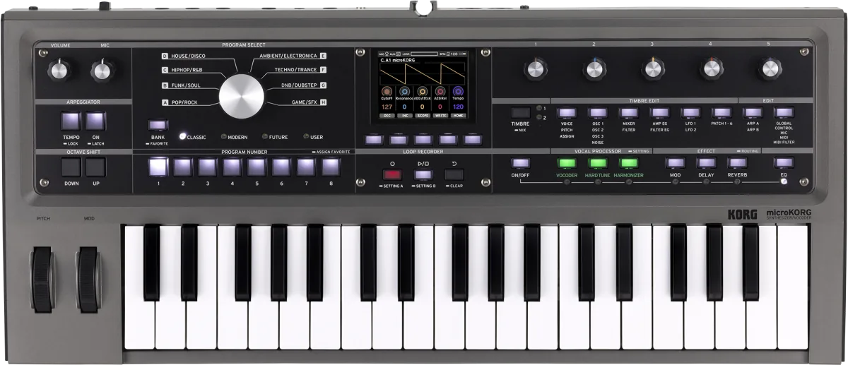 Top-down view of the Korg microKORG2 with its 37 mini keys