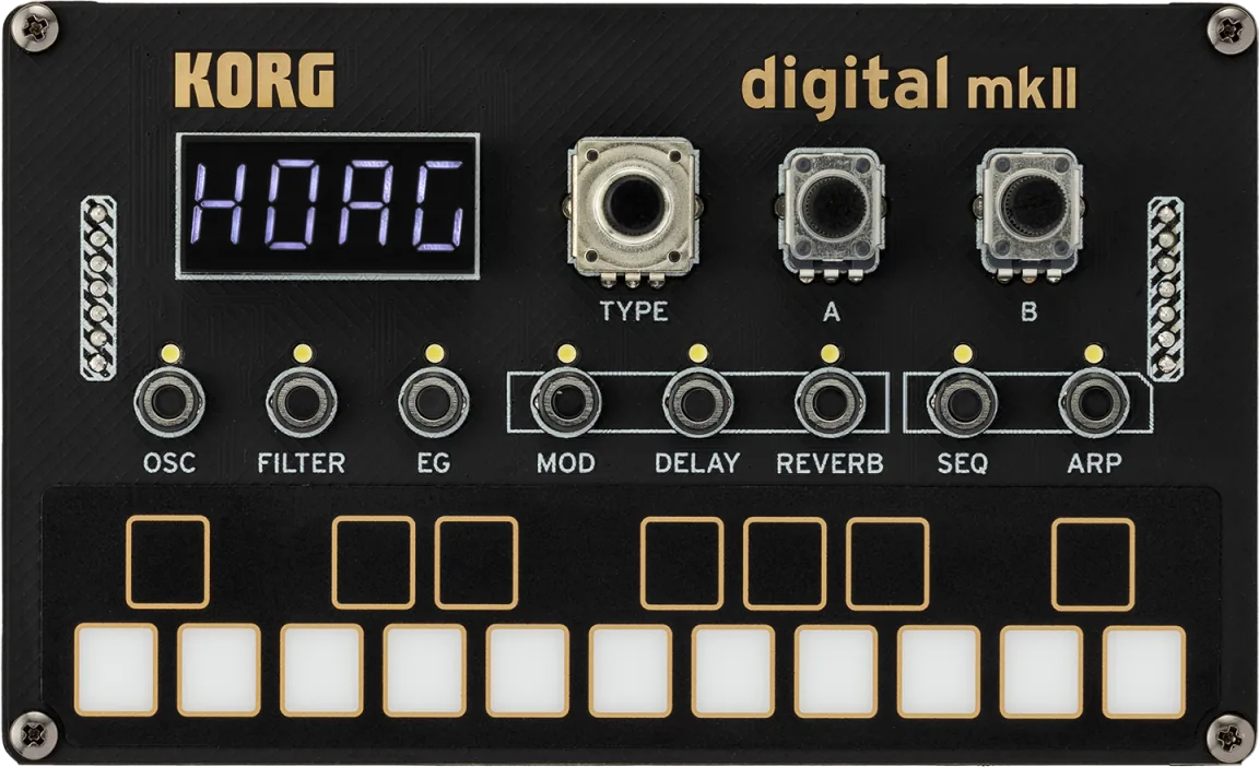 Top-down view of the assembled Korg NTS-1 digital kit mkII with its 18-key touch keyboard
