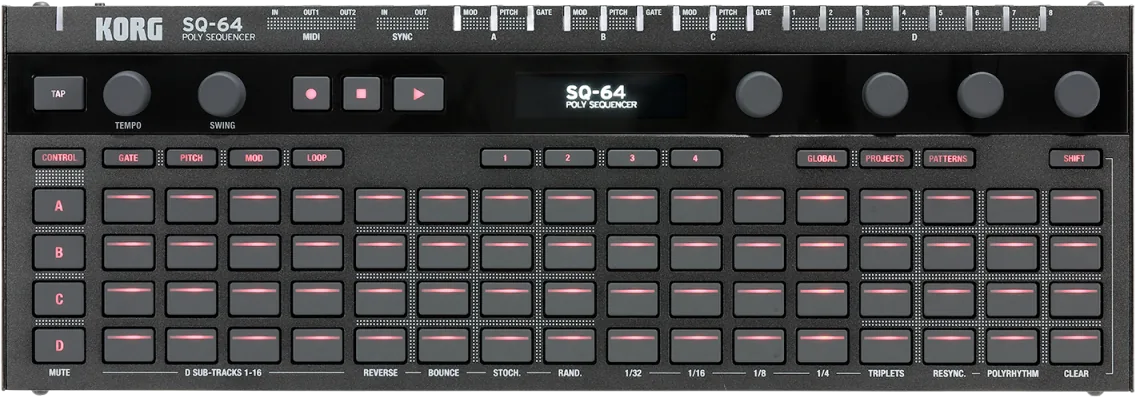 Top-down view of the Korg SQ-64 step sequencer with its 64 pads
