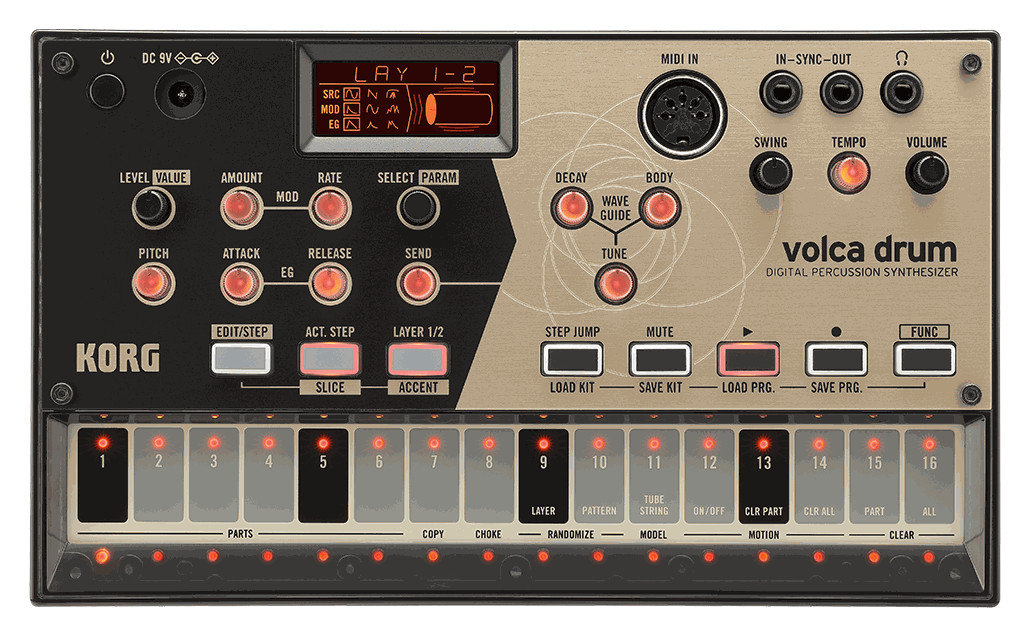 Top-down view of the Korg volca drum digital percussion synthesizer