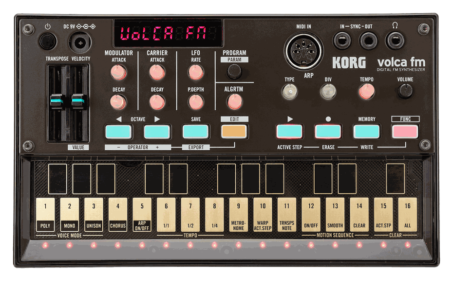 Top-down view of the Korg volca fm digital FM synthesizer