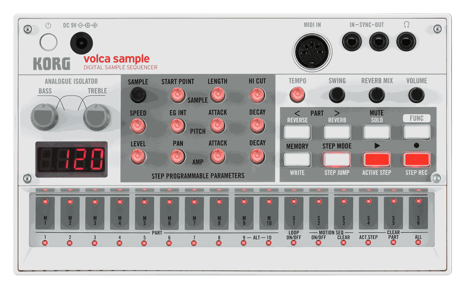 Top-down view of the Korg volca sample digital sample sequencer