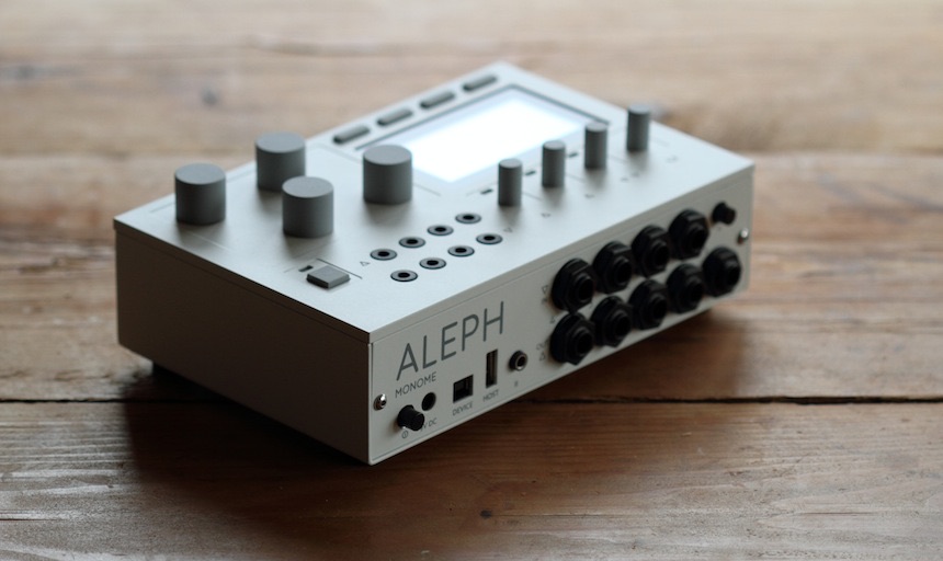 monome aleph sound computer, top panel with knobs, display and jacks, and the end panel with audio jacks