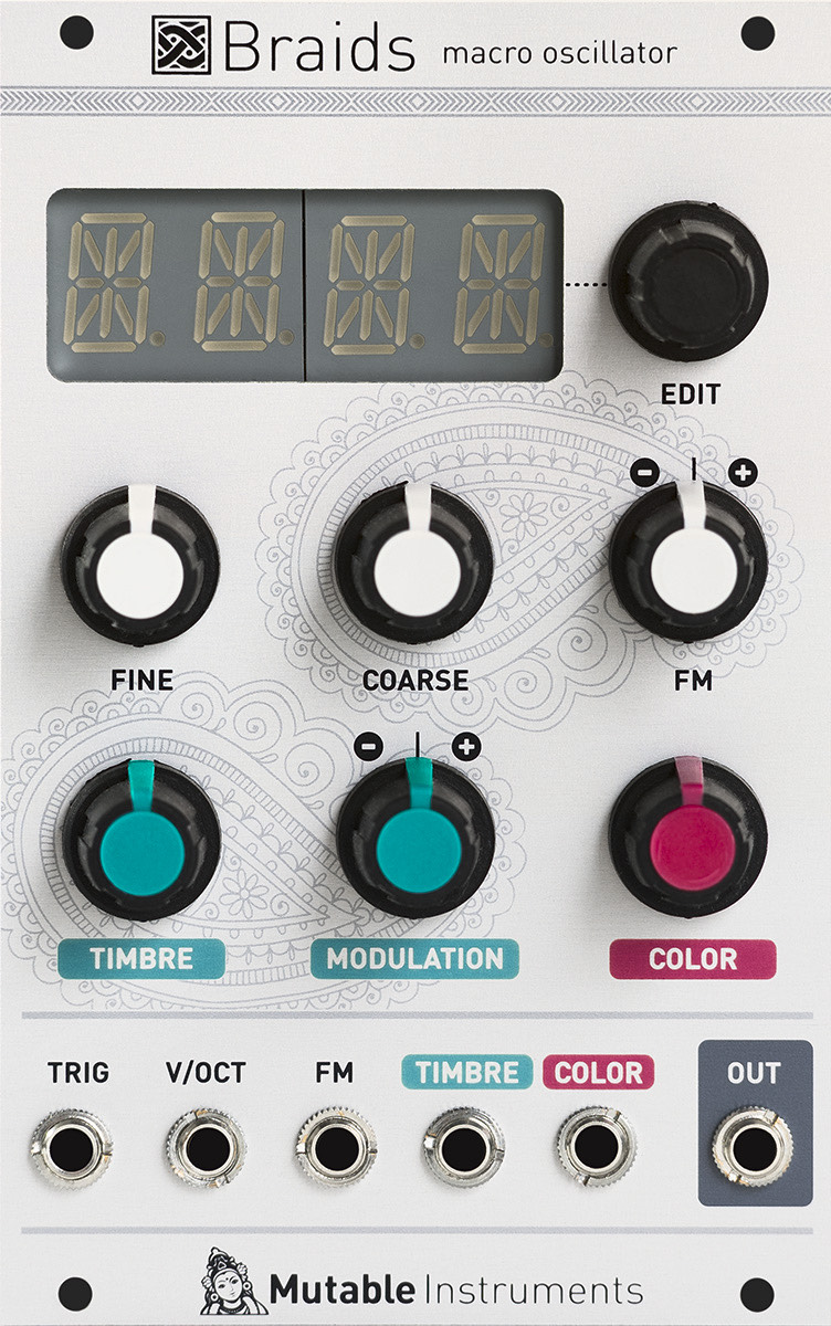 Front panel of the Mutable Instruments Braids Eurorack module