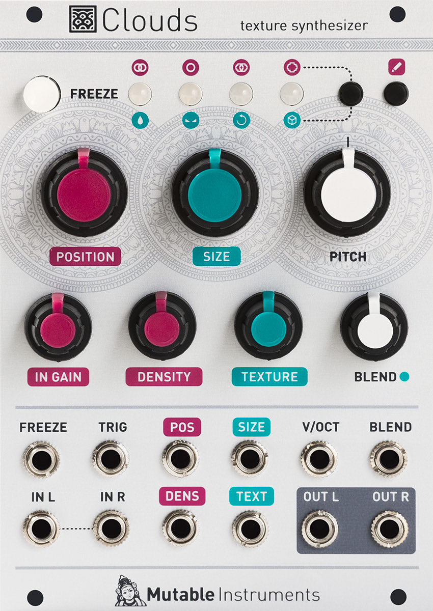 Front panel of the Mutable Instruments Clouds Eurorack module