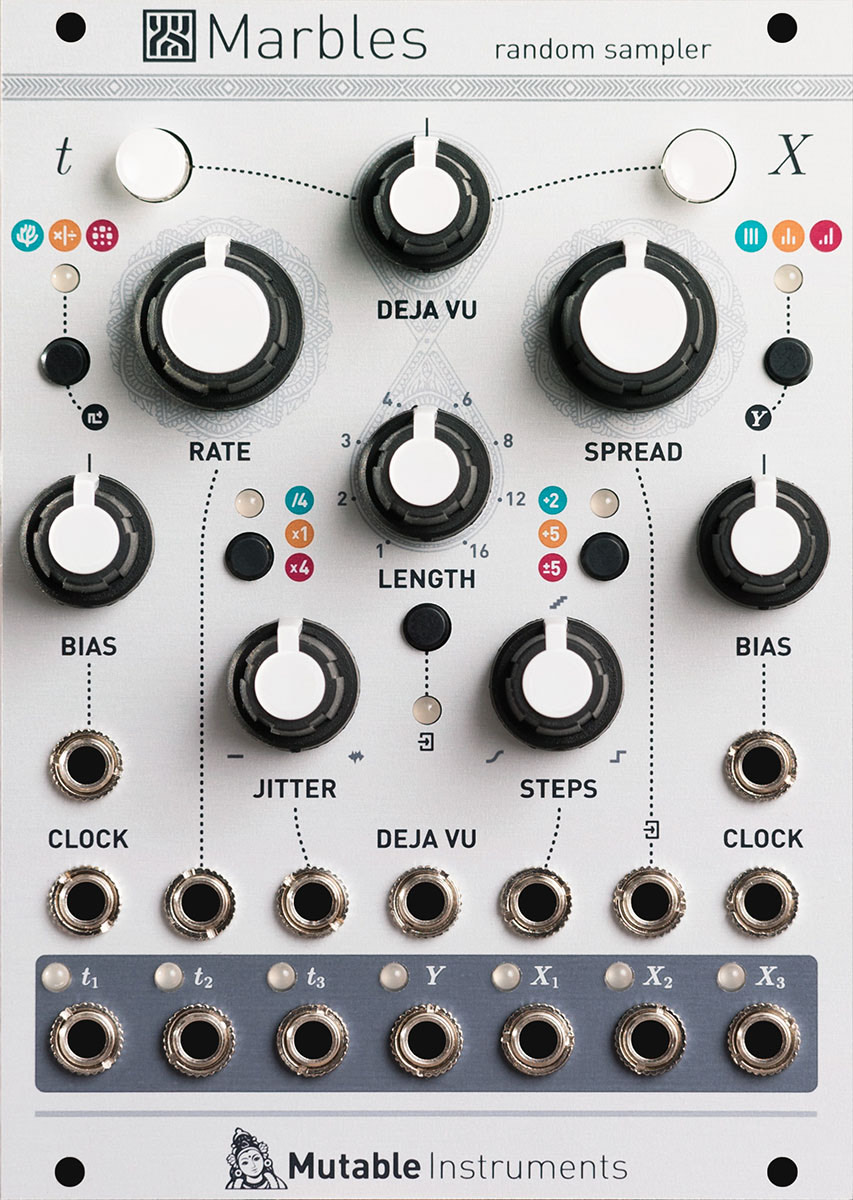 Front panel of the Mutable Instruments Marbles Eurorack module