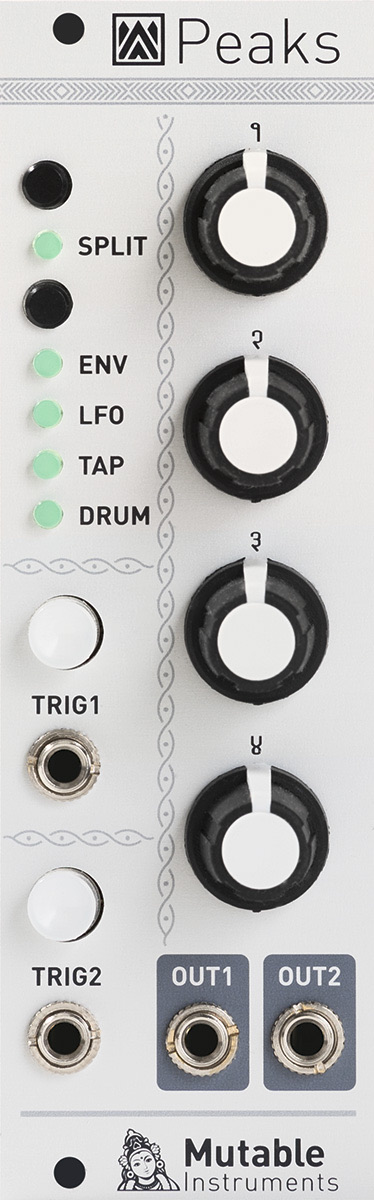 Front panel of the Mutable Instruments Peaks Eurorack module