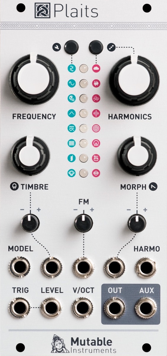 Front panel of the Mutable Instruments Plaits Eurorack module