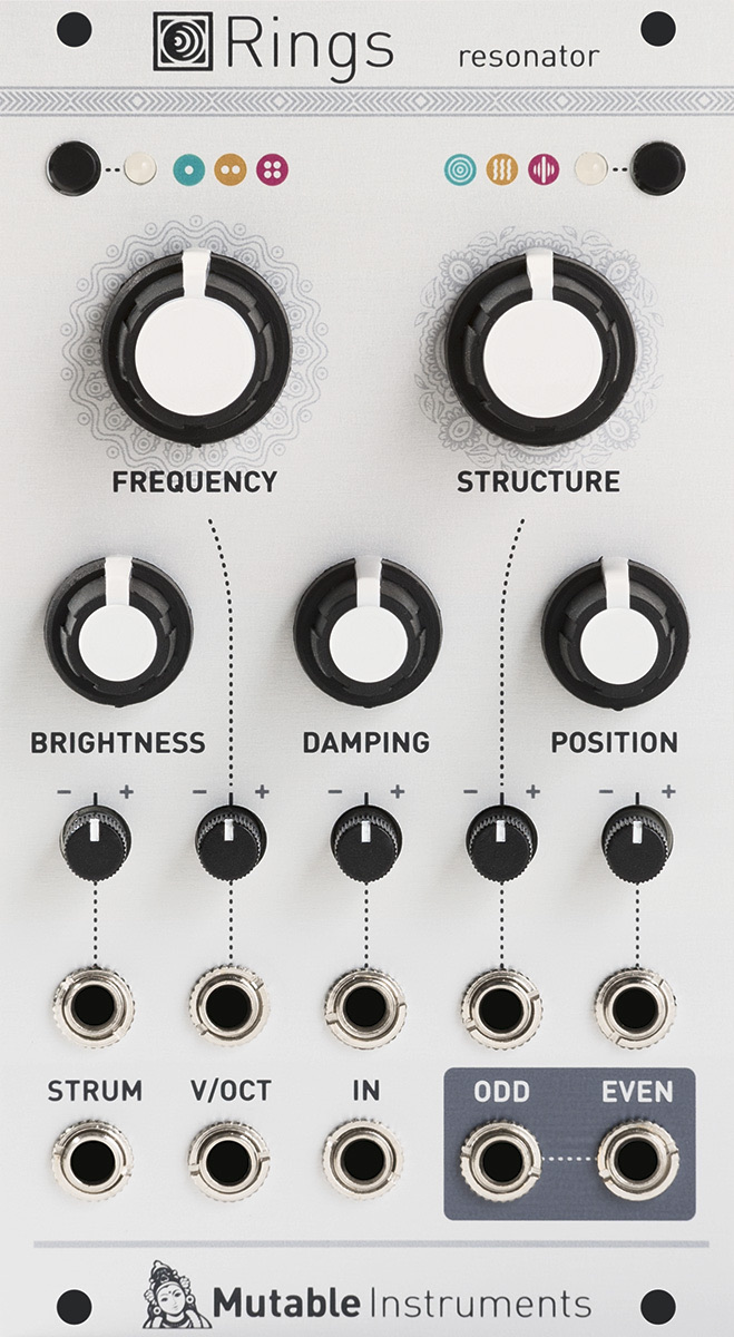 Front panel of the Mutable Instruments Rings Eurorack module