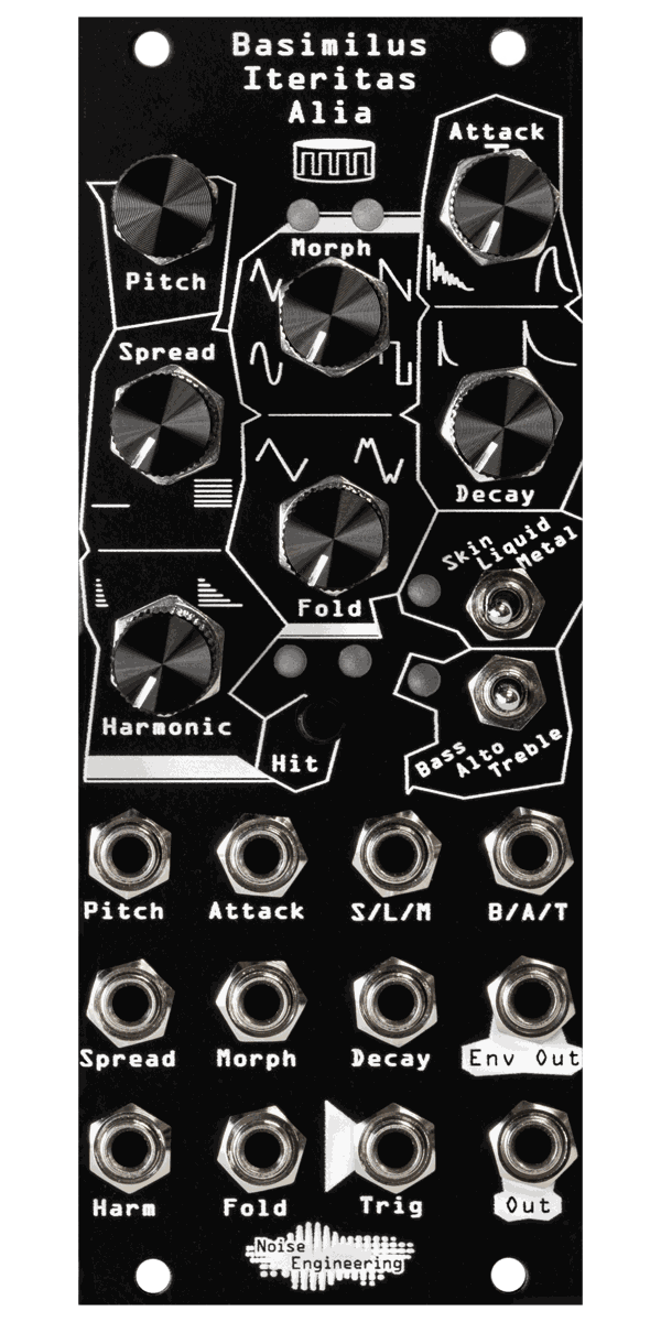Noise Engineering Alia platform pictured with the Basimilus Iteritas Alia firmware panel (black panel render on transparent background)