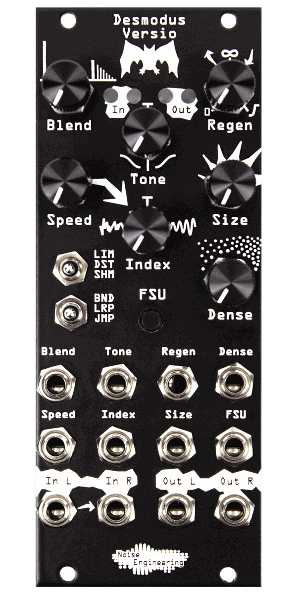 Noise Engineering Versio platform pictured with the Desmodus Versio firmware panel (black panel render on transparent background)