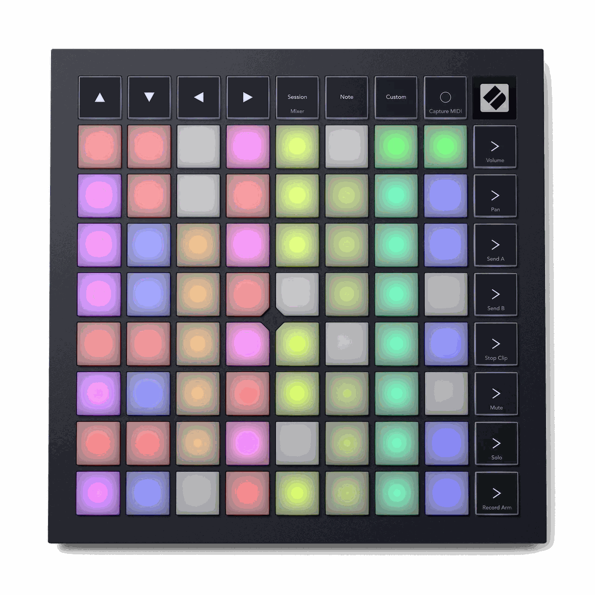 Novation Launchpad X 8x8 RGB pad grid controller, top-down view (representative of the Launchpad MK3 family)