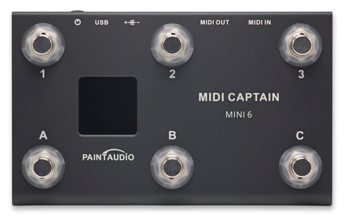 Top view of the PaintAudio MIDI Captain Mini 6 foot controller with six footswitches and a small display