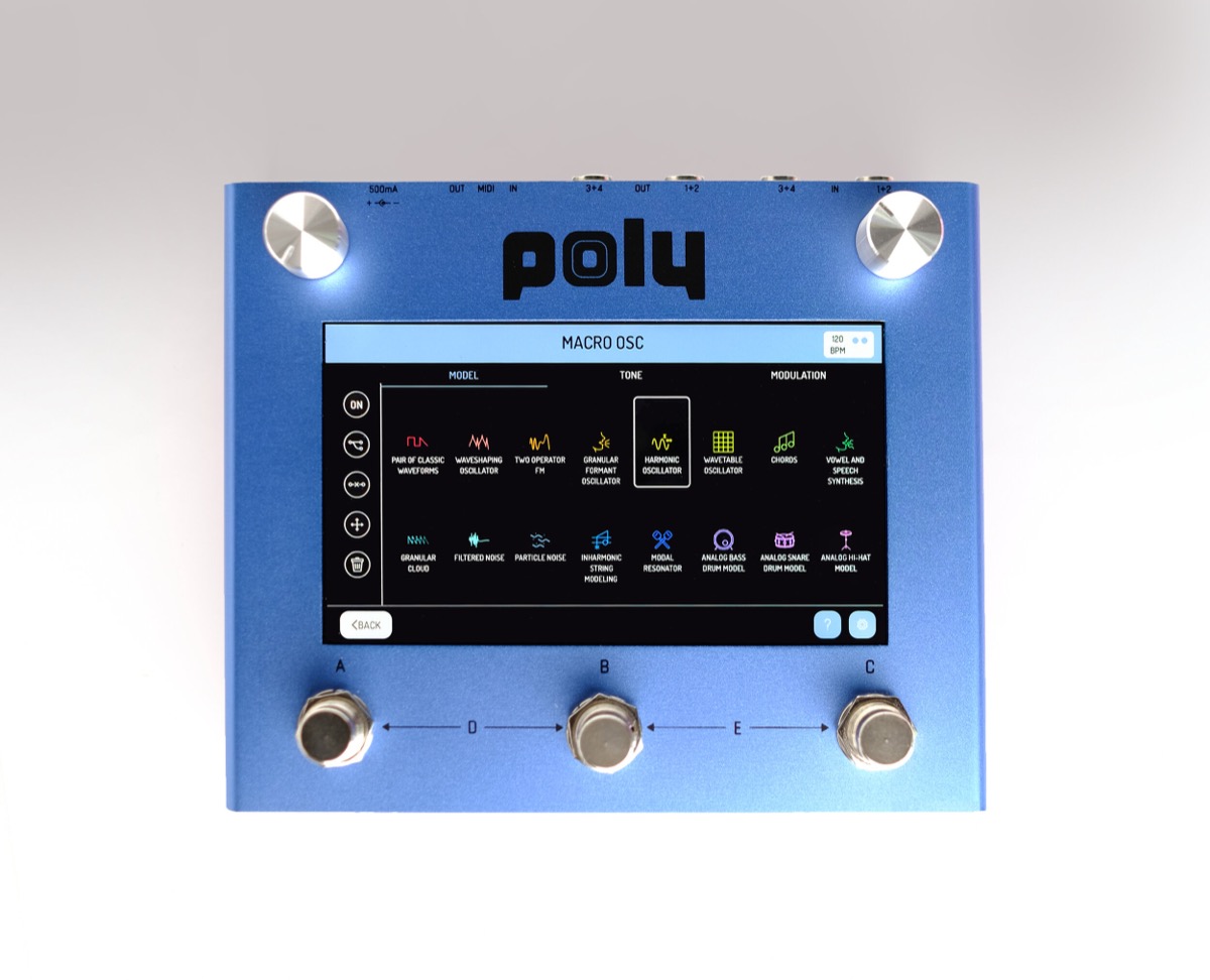 Top view of the blue Poly Effects Beebo pedal, its touchscreen showing the Macro Osc model picker above three footswitches