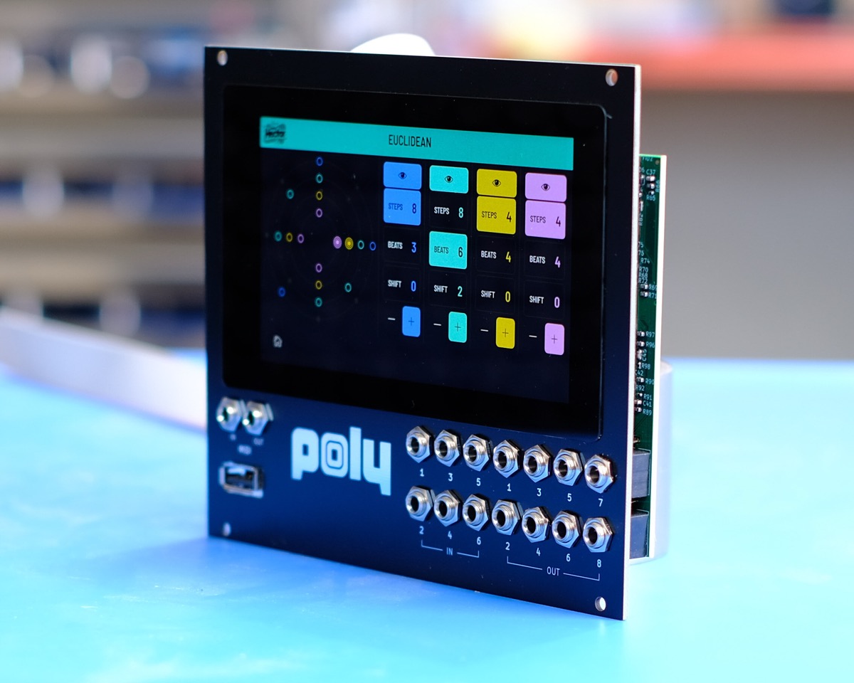 Poly Effects Hector Eurorack module at an angle, its touchscreen showing a four-track Euclidean page above rows of input and output jacks