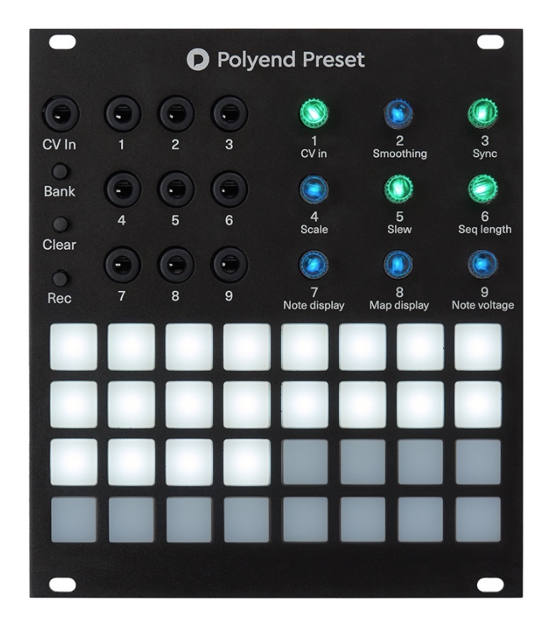 Front panel of the Polyend Preset Eurorack module, with its pad grid and nine encoders