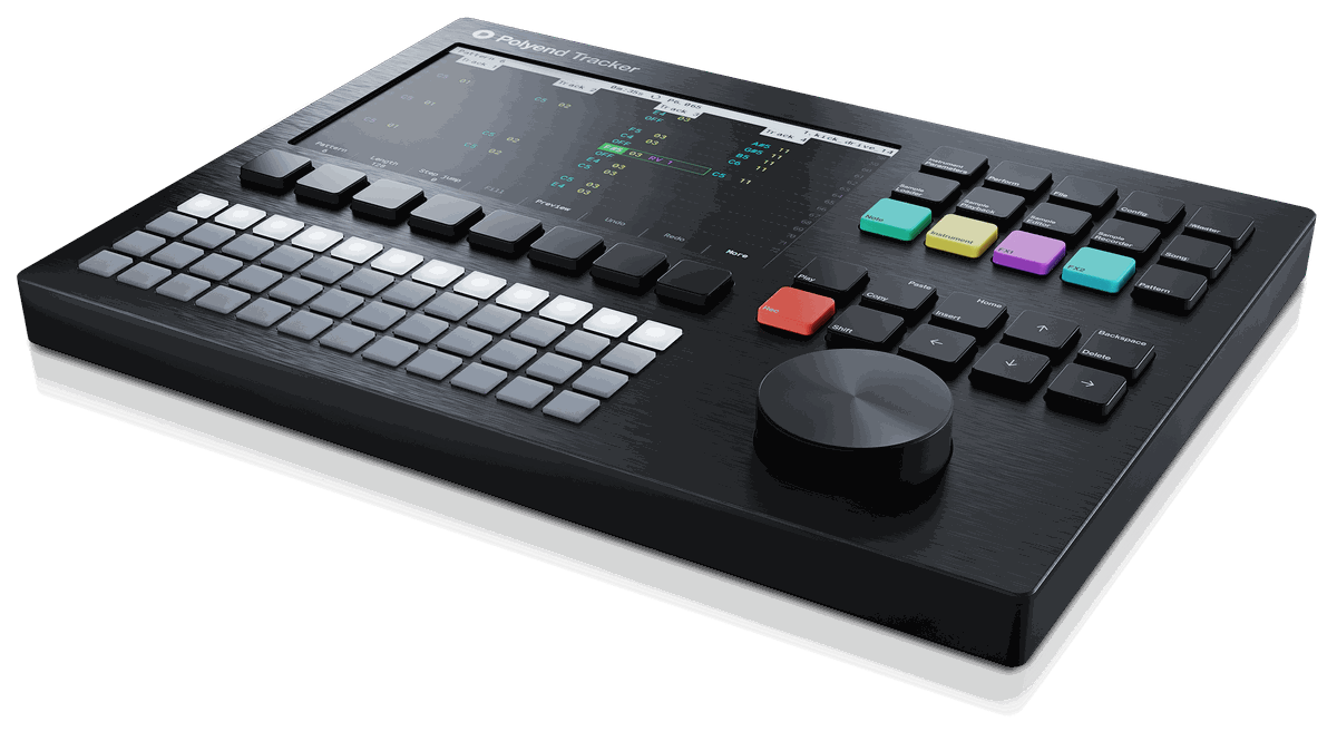 Angled view of the original Polyend Tracker standalone tracker-style sequencer and sampler