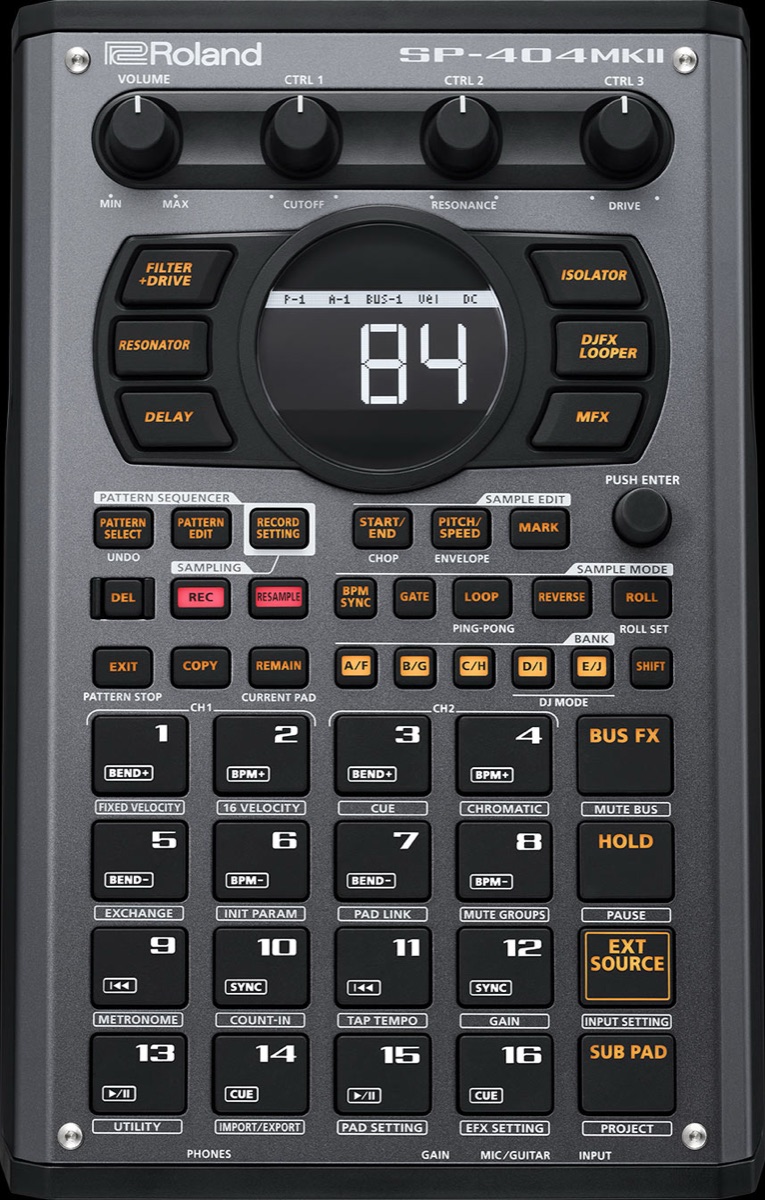 Top-down view of the Roland SP-404MKII sampler with its display showing a tempo of 84