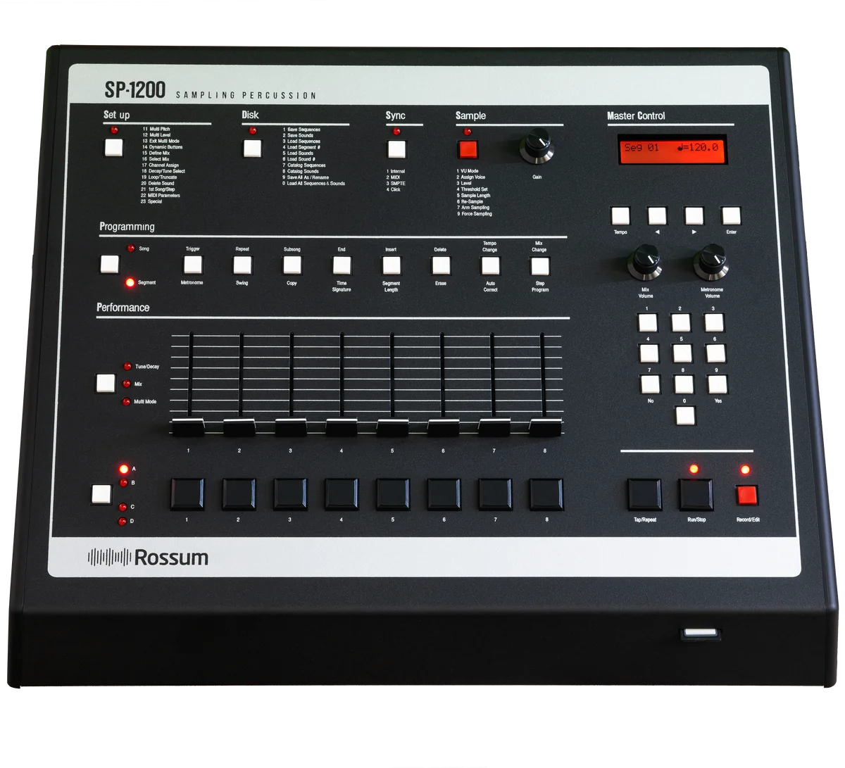 Rossum SP-1200 seen from above, with its eight faders, eight pads, keypad and red segment display on a black and grey panel