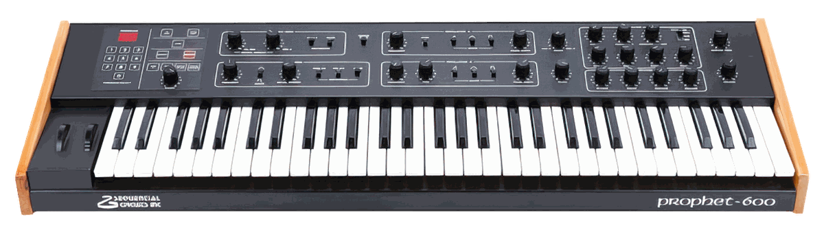 Front view of the Sequential Circuits Prophet-600 six-voice analog polysynth with wooden end cheeks