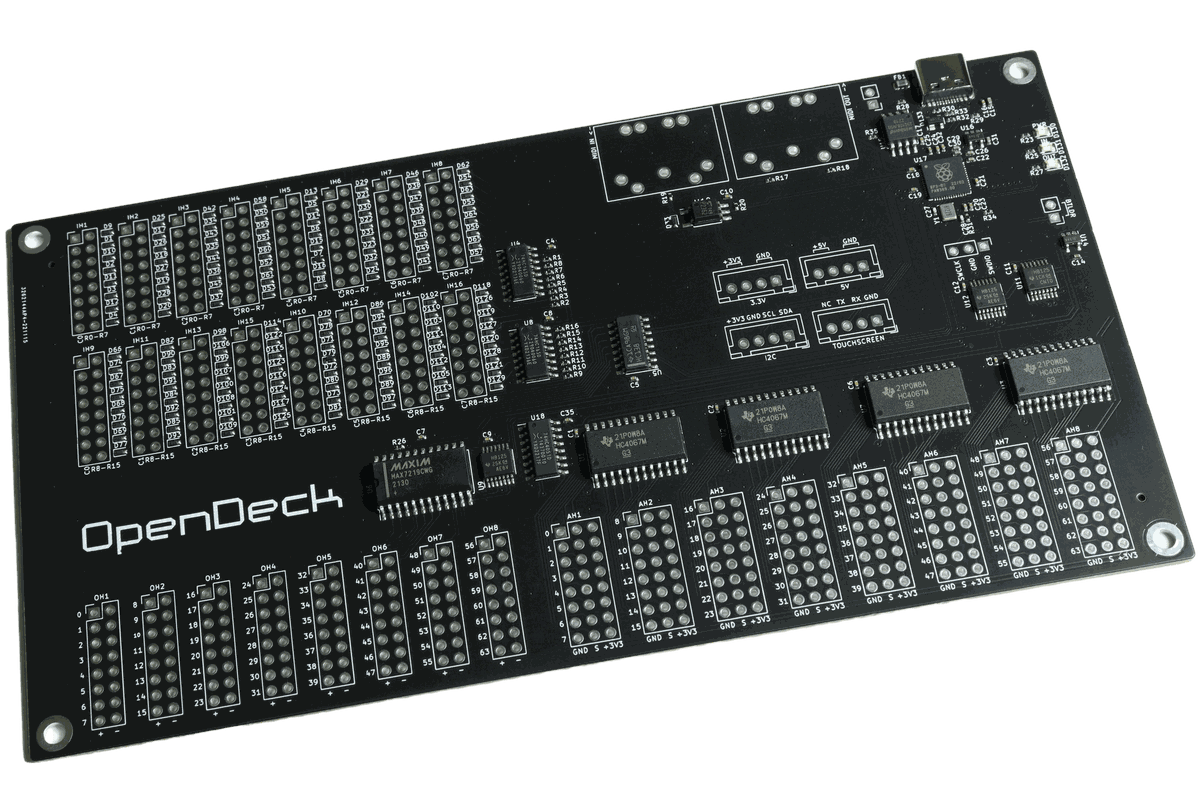 OpenDeck L board (RP2040) with input and output header pads, angled top view