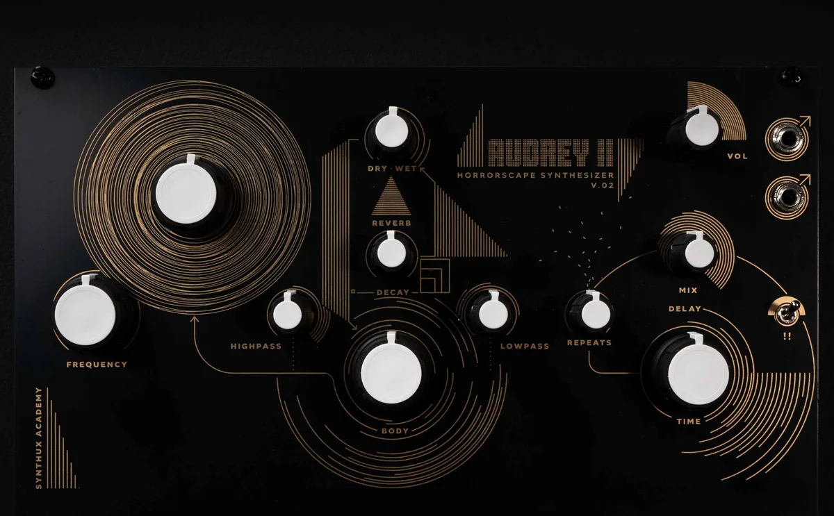 Front panel of the Audrey II synthesizer with its concentric rings and knobs