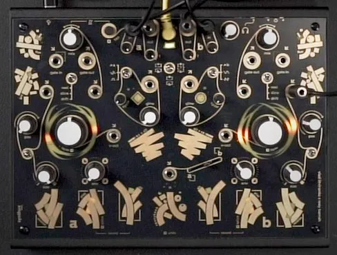 Top-down view of the Spotykach front panel with its gold artwork, knobs, jacks and LED rings