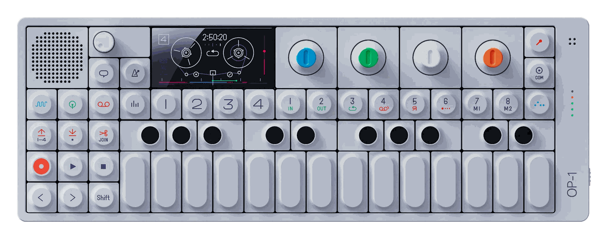 Straight-on top view of the original Teenage Engineering OP-1 portable synthesizer